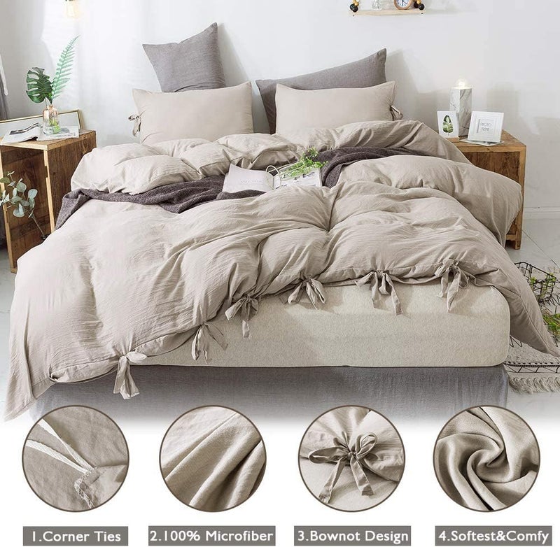 annadaif Khaki Duvet Cover Full Size, 3 Pieces Soft Washed Microfiber Duvet Cover Set, Comforter Cover with Bowknot Bow Tie (1 Duvet Cover 79x90 Inch, 2 Pillowcases) Easy Care Bedding Set - Image 2